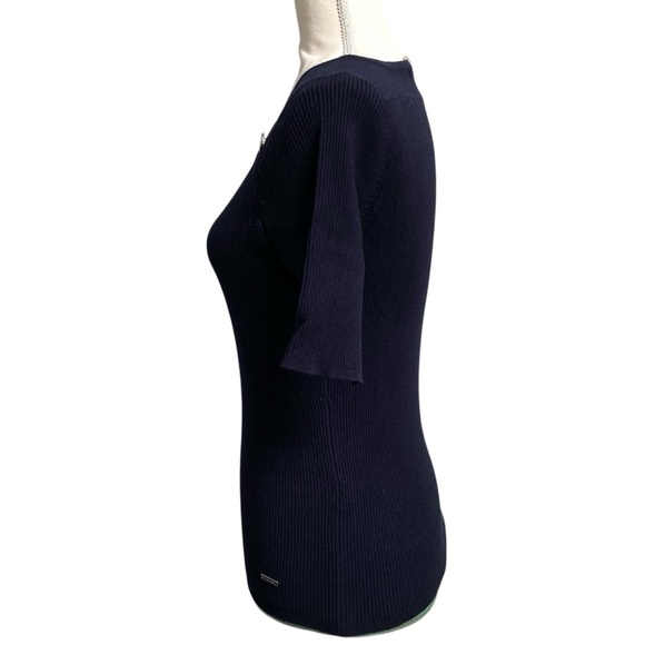 Tahari Navy Ribbed Square Neck Elbow Sleeve Sweater Button Detail Size Small - Picture 6 of 11